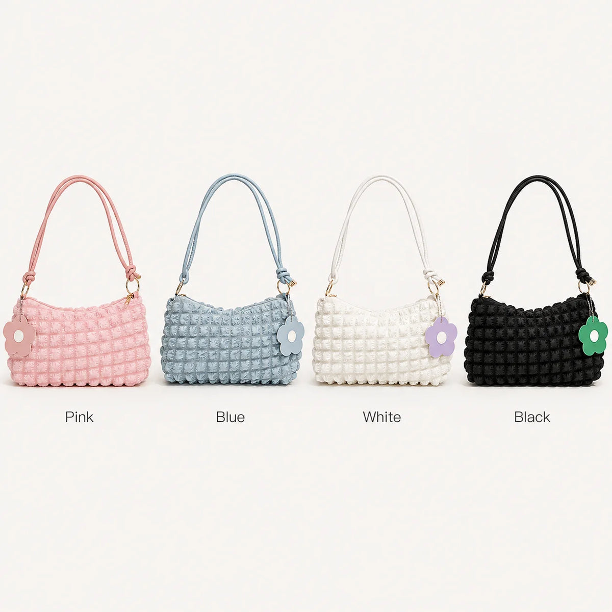 Women's Textured Canvas Shoulder Bag with Flower Charm