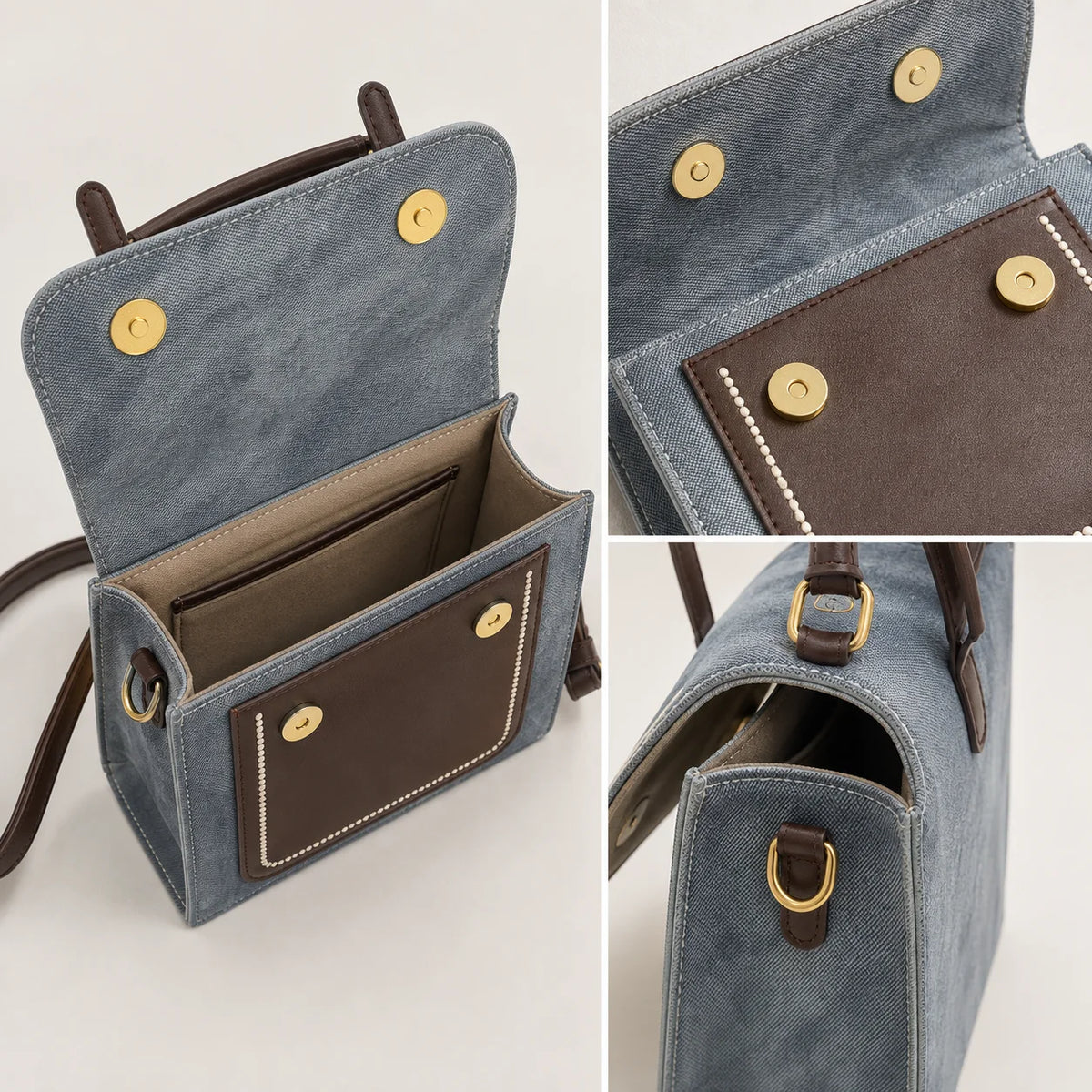 Women's Vintage Denim Backpack – PU Leather Trim, Magnetic Flap