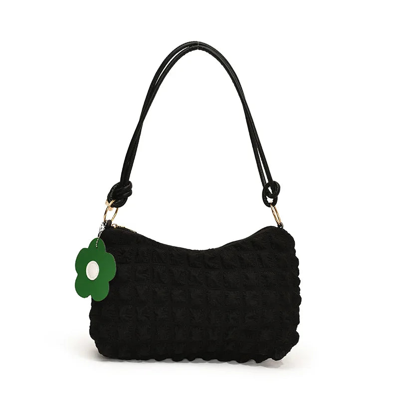 Women's Textured Canvas Shoulder Bag with Flower Charm