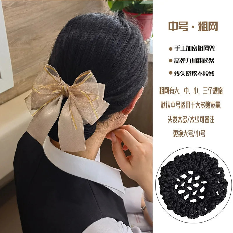 Elegant Bow Hair Bun Net – Houndstooth Satin Ribbon Cover