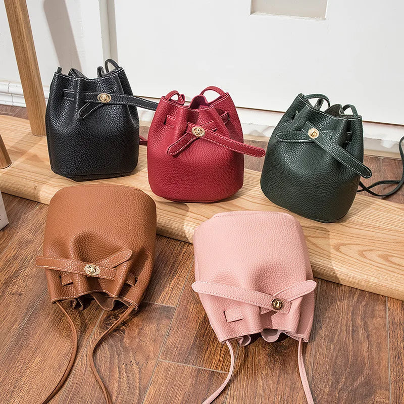 Women's Mini Bucket Crossbody Bag – Pebbled PU Drawstring Purse