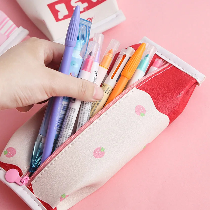 Strawberry Milk Shape Pencil Case – Cute PU Stationery Bag