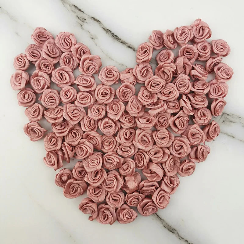 100-Pack Pink Satin Ribbon Rose Flowers 10mm | Craft Décor