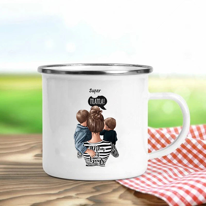Super Mom Enamel Mug – Cartoon Print Coffee & Tea Cup Gift