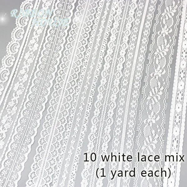White Lace Fabric Ribbon Roll 5 Yards – 10 Mix Set
