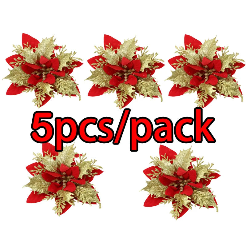 5-Pack Glitter Artificial Christmas Flowers | Xmas Tree Ornaments