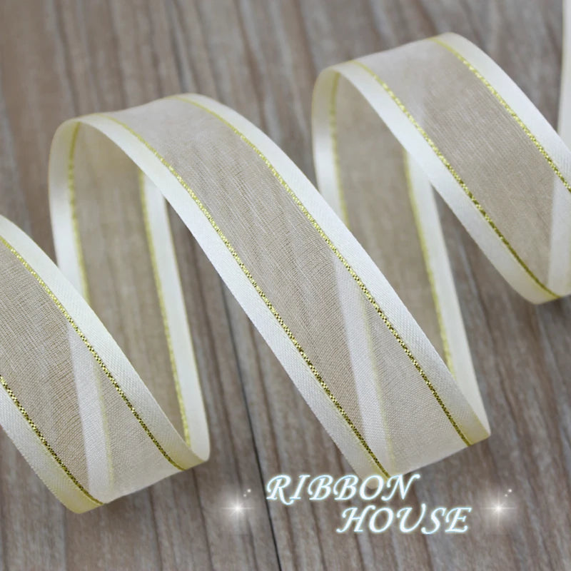 25mm Cream White Gold Edge Organza Ribbon – 10 Yards