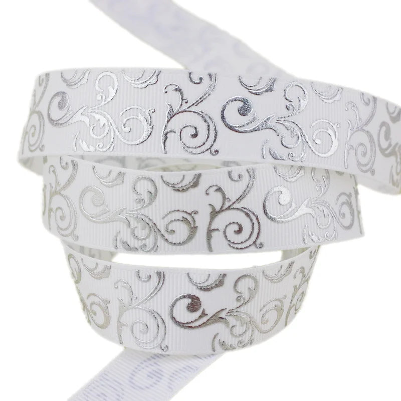 White Silver Hot Stamping Grosgrain Ribbon 25mm – 10 Yards