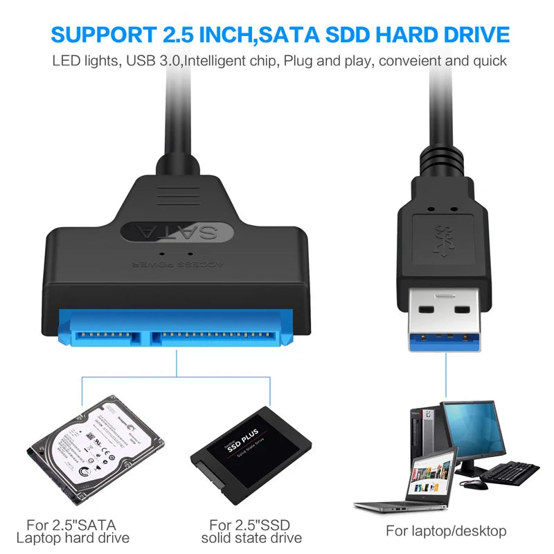 USB 3.0 to SATA III Cable 22-Pin Adapter for 2.5" SSD HDD