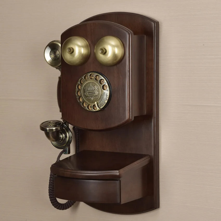 Wall Mounted Vintage Telephone – Rotary & Button Dial, Solid Wood