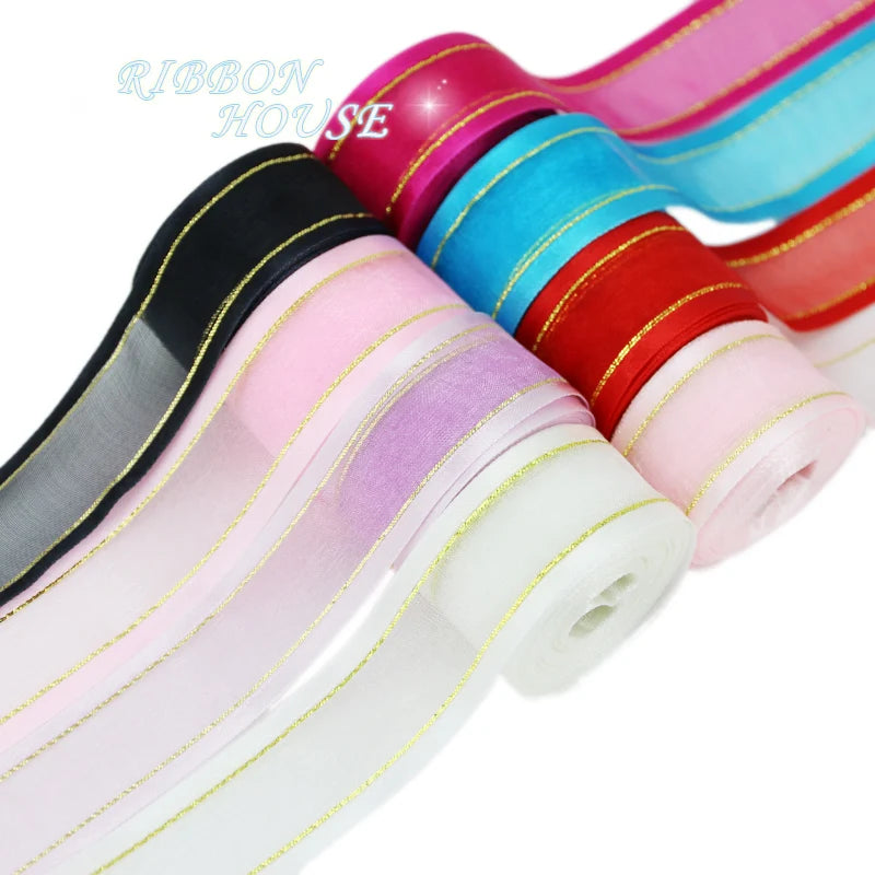 25mm Cream White Gold Edge Organza Ribbon – 10 Yards