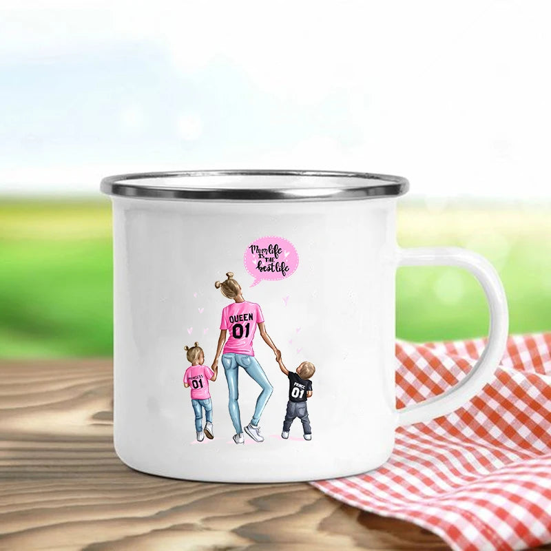 Super Mom Enamel Mug – Cartoon Print Coffee & Tea Cup Gift