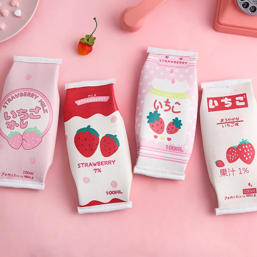 Strawberry Milk Shape Pencil Case – Cute PU Stationery Bag