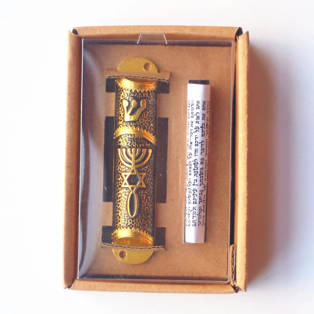 Mezuzah Case with Torah Parchment Scroll | Metal Jewish Decor