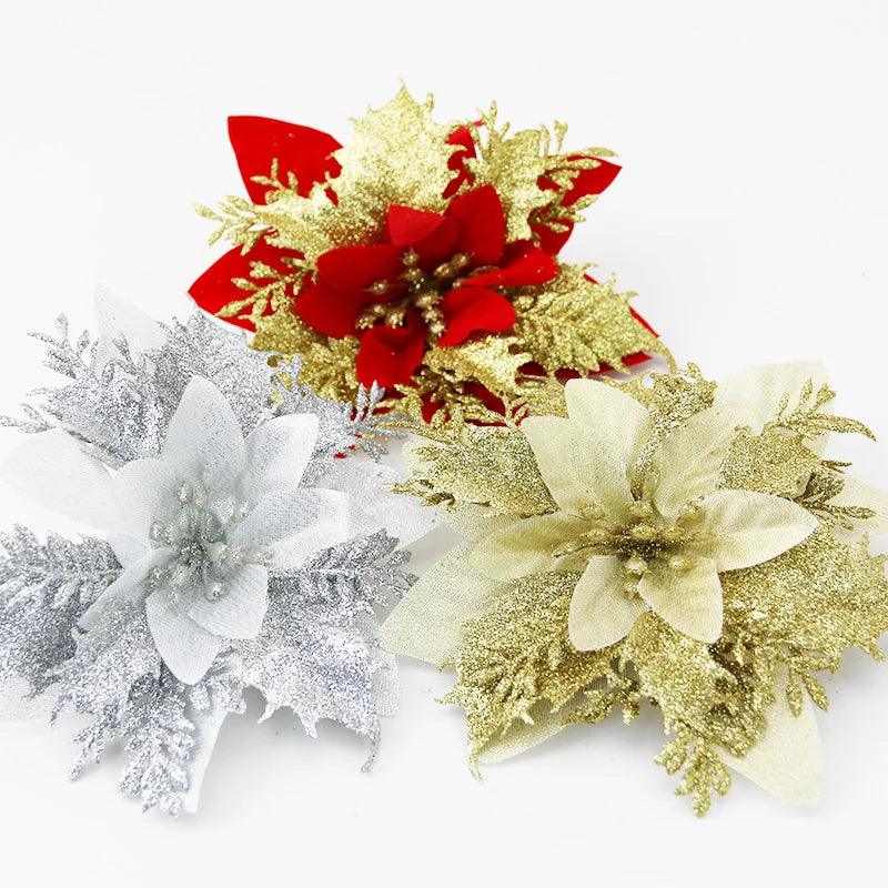 5-Pack Glitter Artificial Christmas Flowers | Xmas Tree Ornaments
