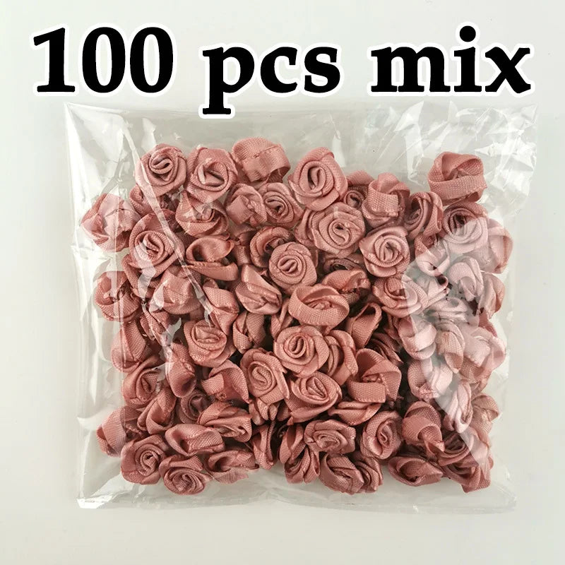 100-Pack Pink Satin Ribbon Rose Flowers 10mm | Craft Décor