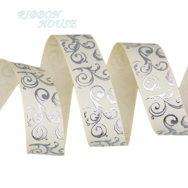 White Silver Hot Stamping Grosgrain Ribbon 25mm – 10 Yards