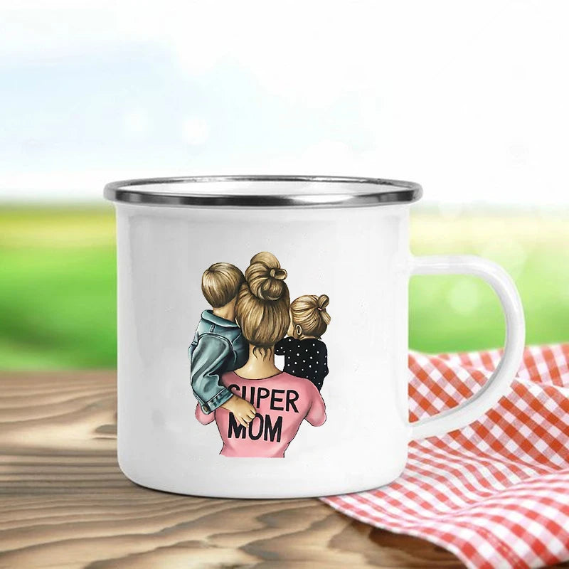Super Mom Enamel Mug – Cartoon Print Coffee & Tea Cup Gift