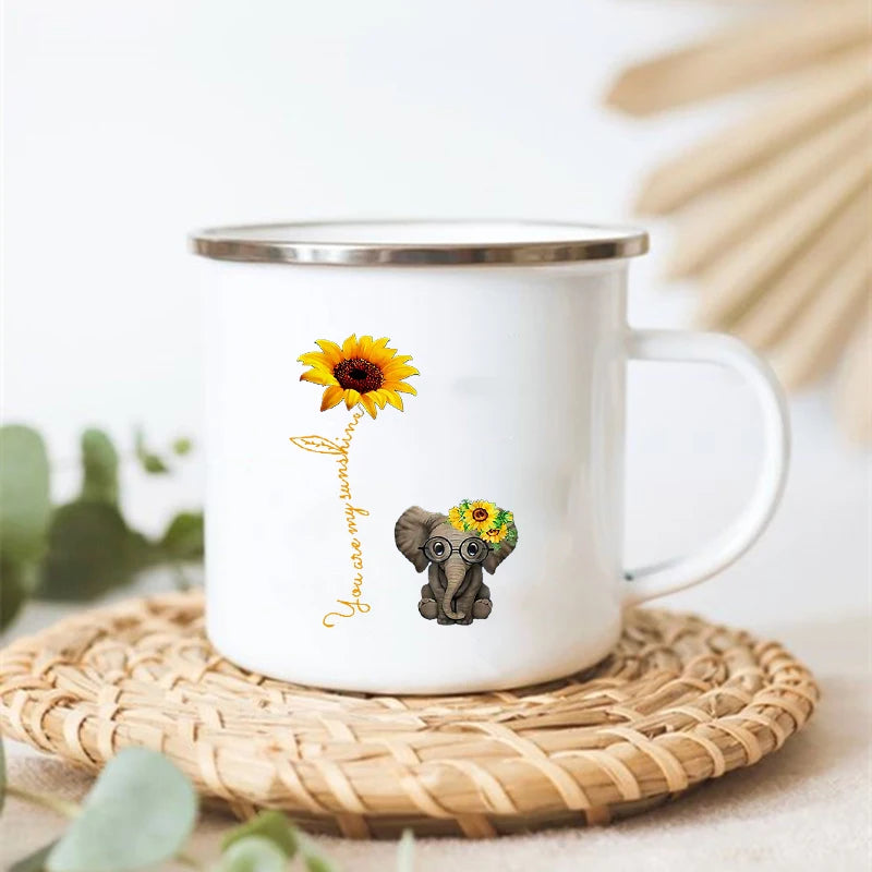 Sunflower Elephant Enamel Mug – Vintage Coffee Tea Cup Gift