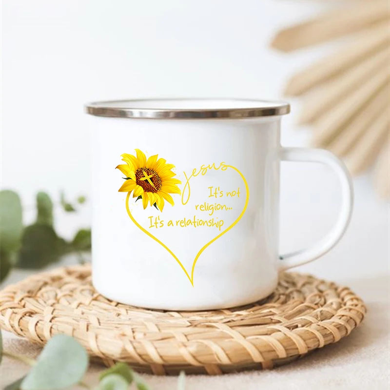 Sunflower Elephant Enamel Mug – Vintage Coffee Tea Cup Gift