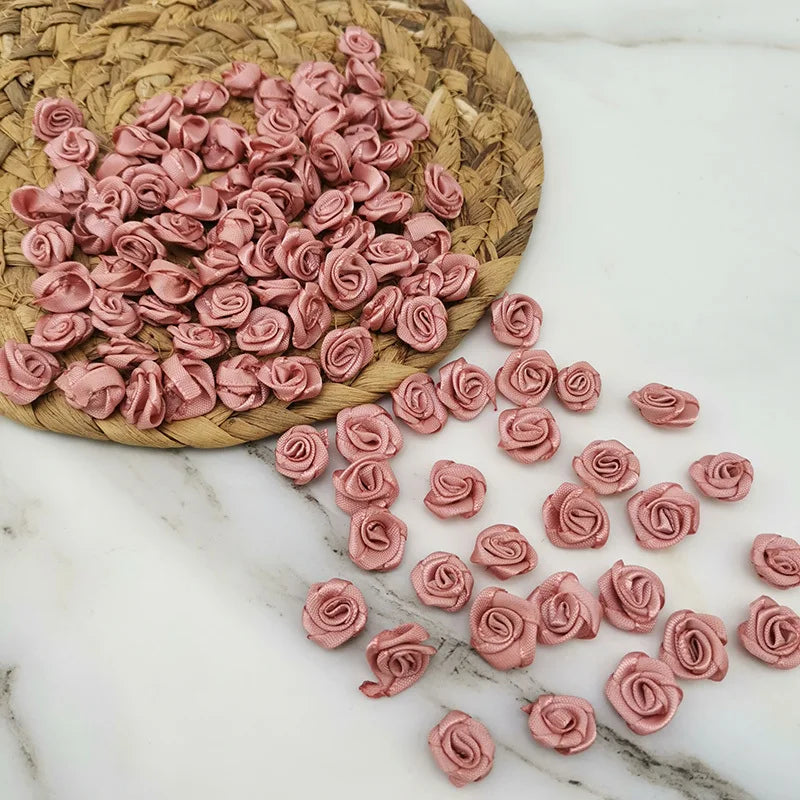 100-Pack Pink Satin Ribbon Rose Flowers 10mm | Craft Décor