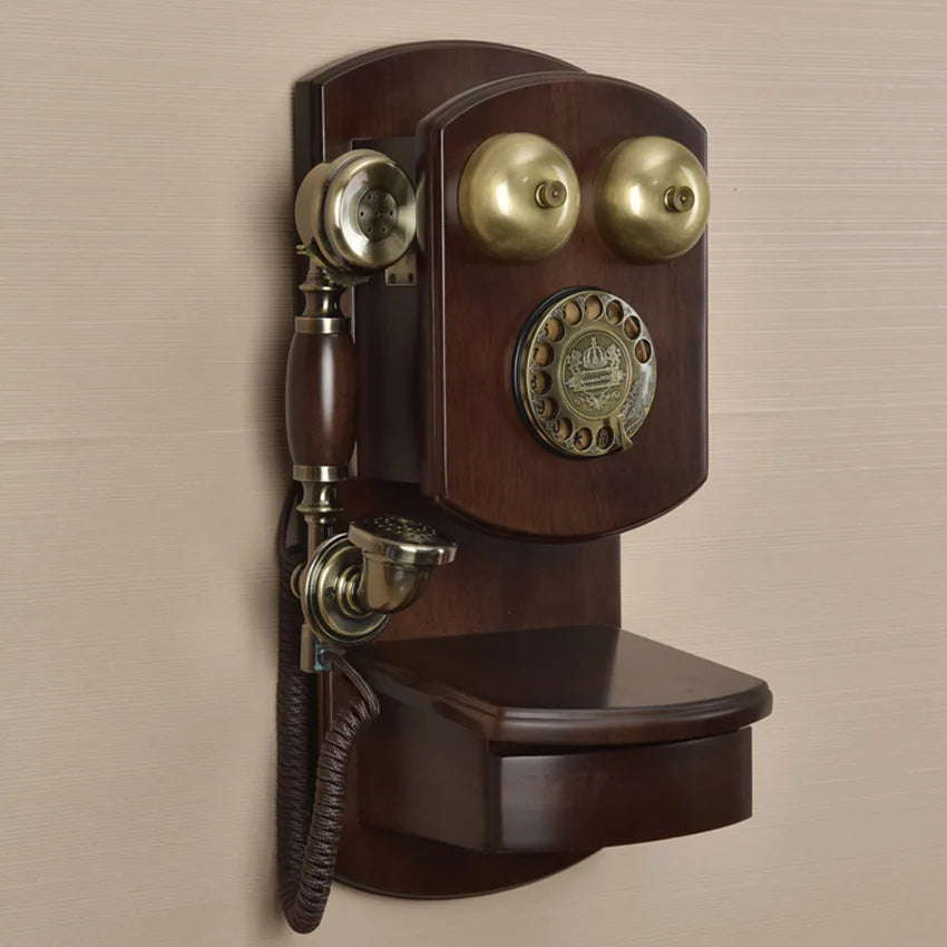 Wall Mounted Vintage Telephone – Rotary & Button Dial, Solid Wood