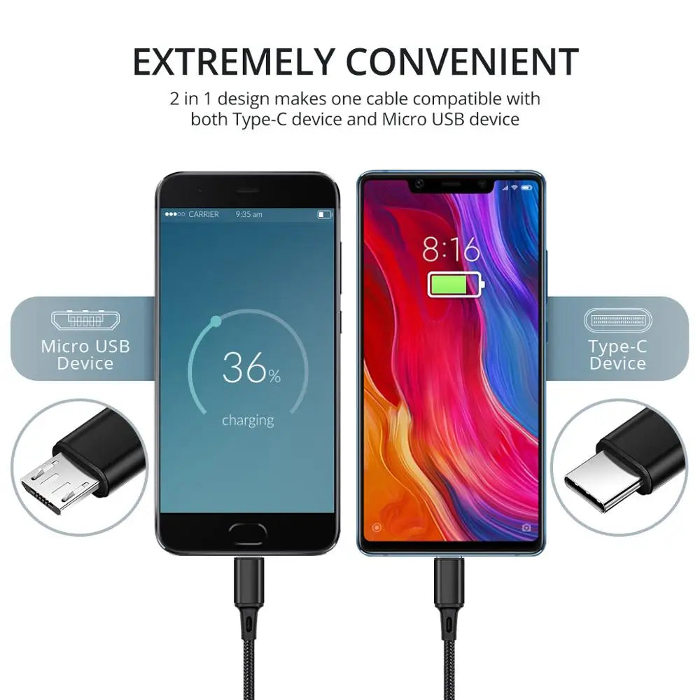 FONKEN 2-in-1 USB Cable Micro USB & Type-C Fast Charge