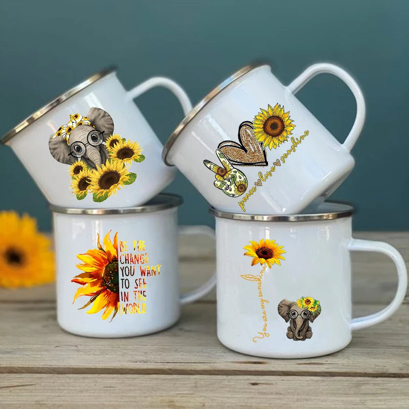 Sunflower Elephant Enamel Mug – Vintage Coffee Tea Cup Gift