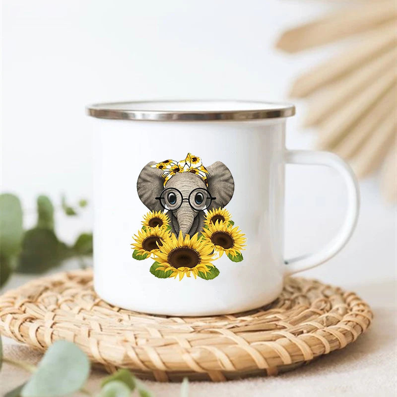 Sunflower Elephant Enamel Mug – Vintage Coffee Tea Cup Gift