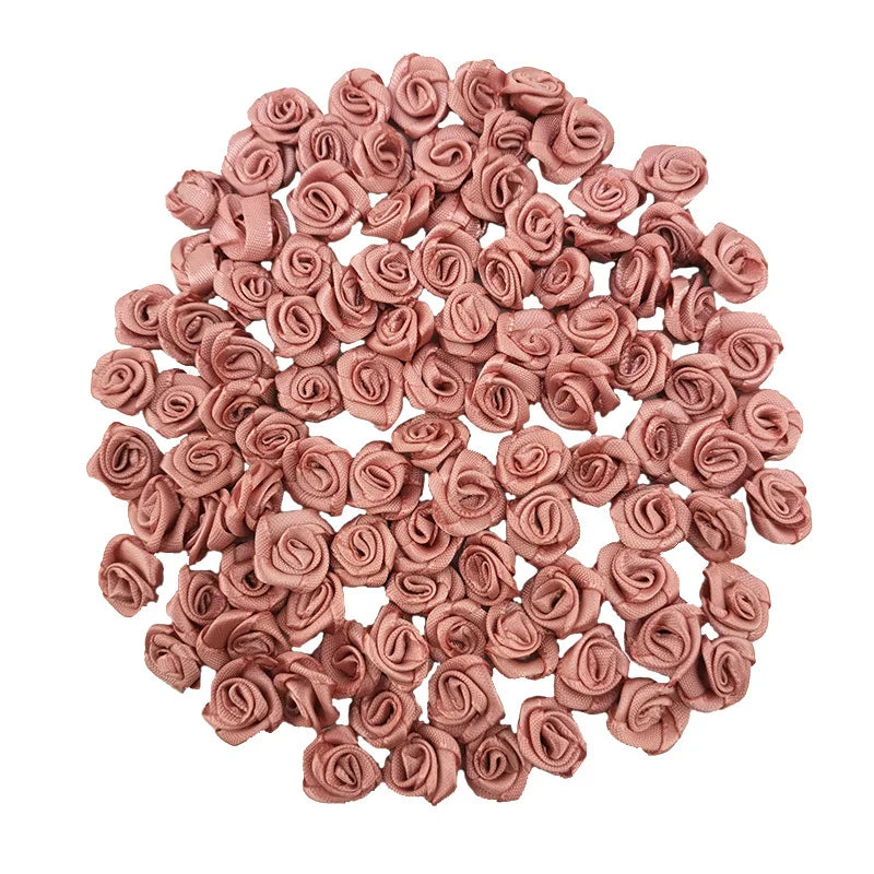 100-Pack Pink Satin Ribbon Rose Flowers 10mm | Craft Décor