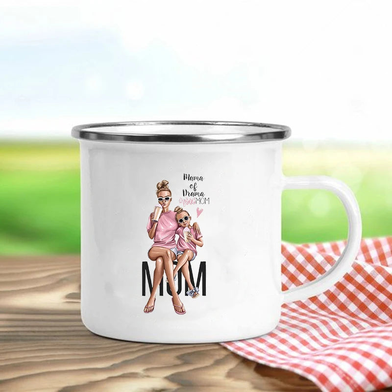 Super Mom Enamel Mug – Cartoon Print Coffee & Tea Cup Gift