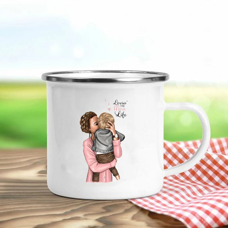 Super Mom Enamel Mug – Cartoon Print Coffee & Tea Cup Gift