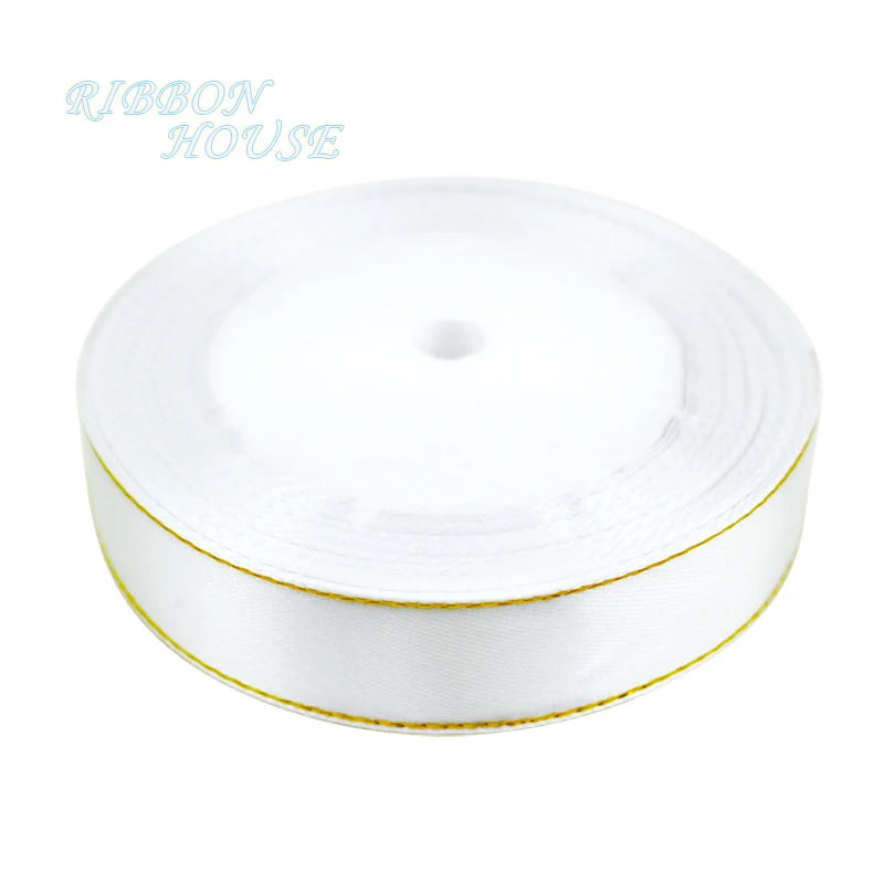 White Satin Ribbon Gold Edge – 25 Yards, 20mm | Gift & Crafts