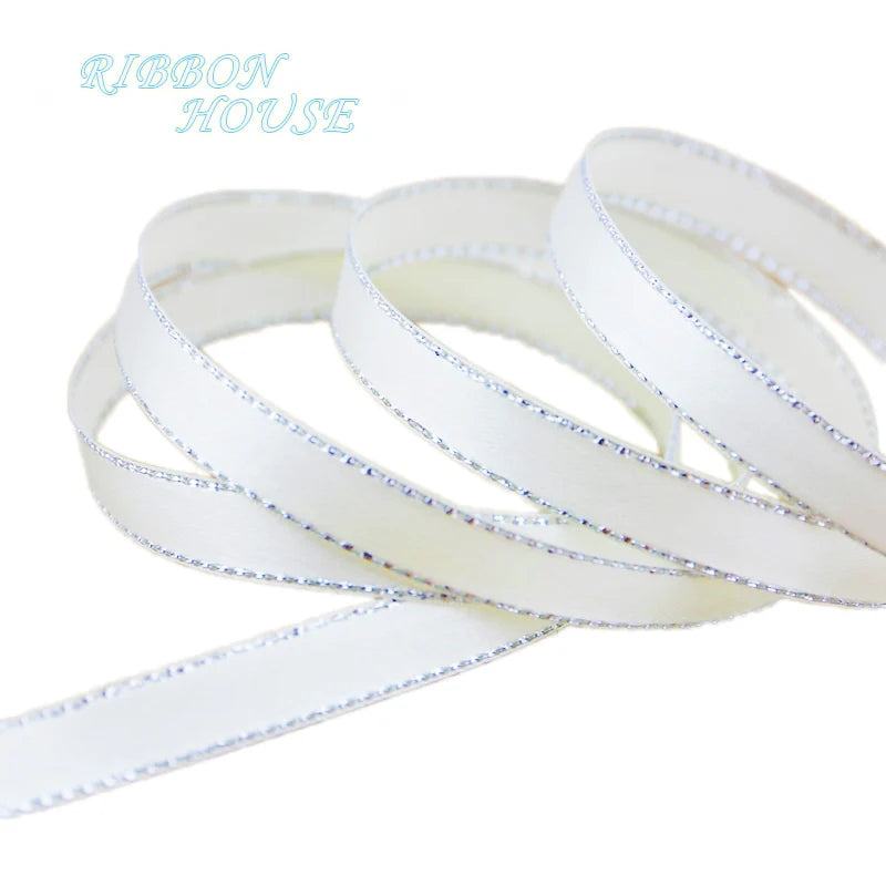 White Silver Edge Satin Ribbon 10mm – 25 Yards Craft & Gift