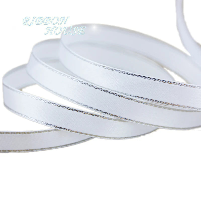 White Silver Edge Satin Ribbon 10mm – 25 Yards Craft & Gift