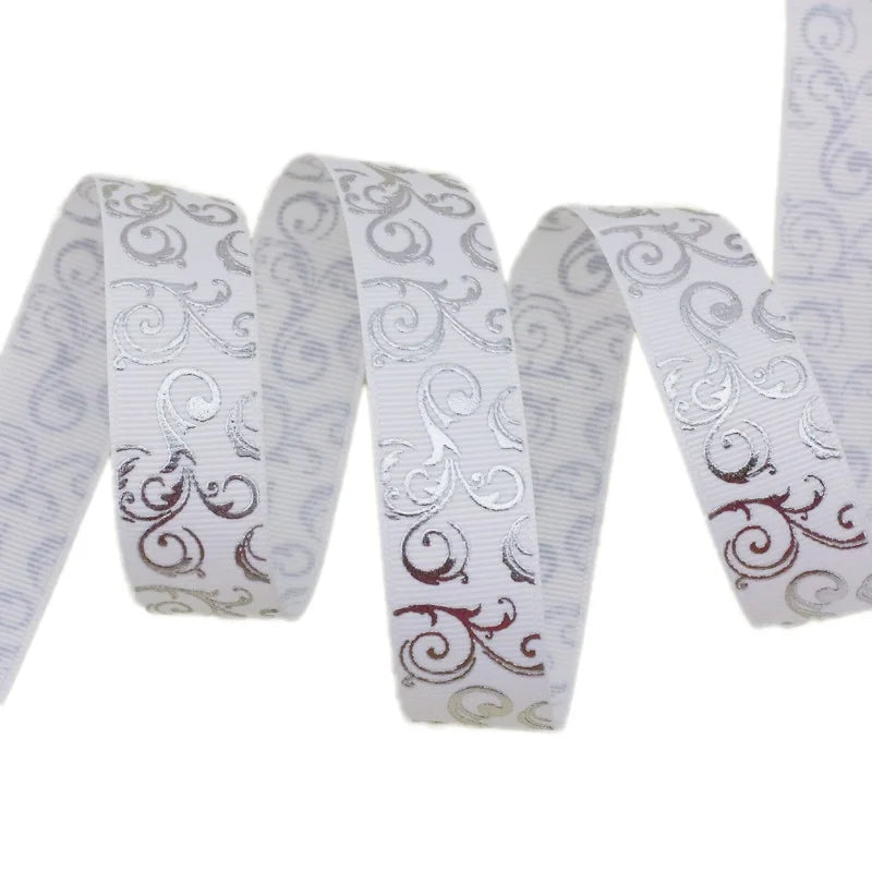 White Silver Hot Stamping Grosgrain Ribbon 25mm – 10 Yards