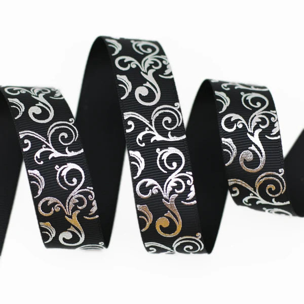White Silver Hot Stamping Grosgrain Ribbon 25mm – 10 Yards