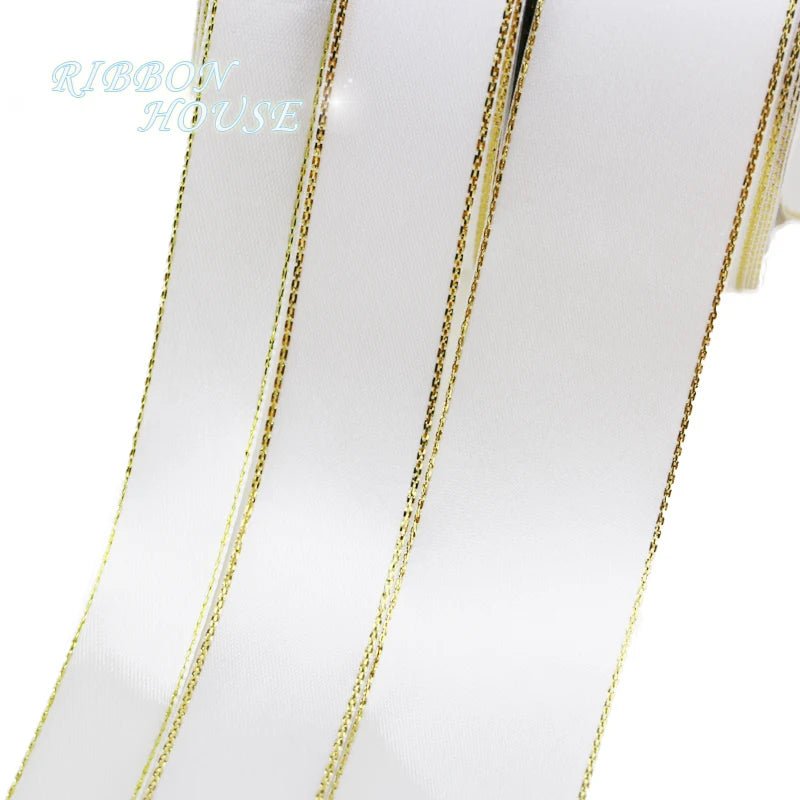 White Satin Ribbon Gold Edge – 25 Yards, 20mm | Gift & Crafts