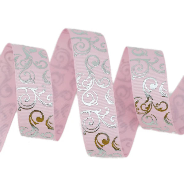 White Silver Hot Stamping Grosgrain Ribbon 25mm – 10 Yards