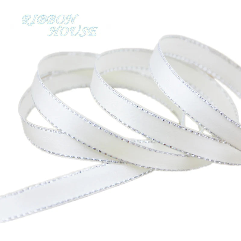 White Silver Edge Satin Ribbon 10mm – 25 Yards Craft & Gift