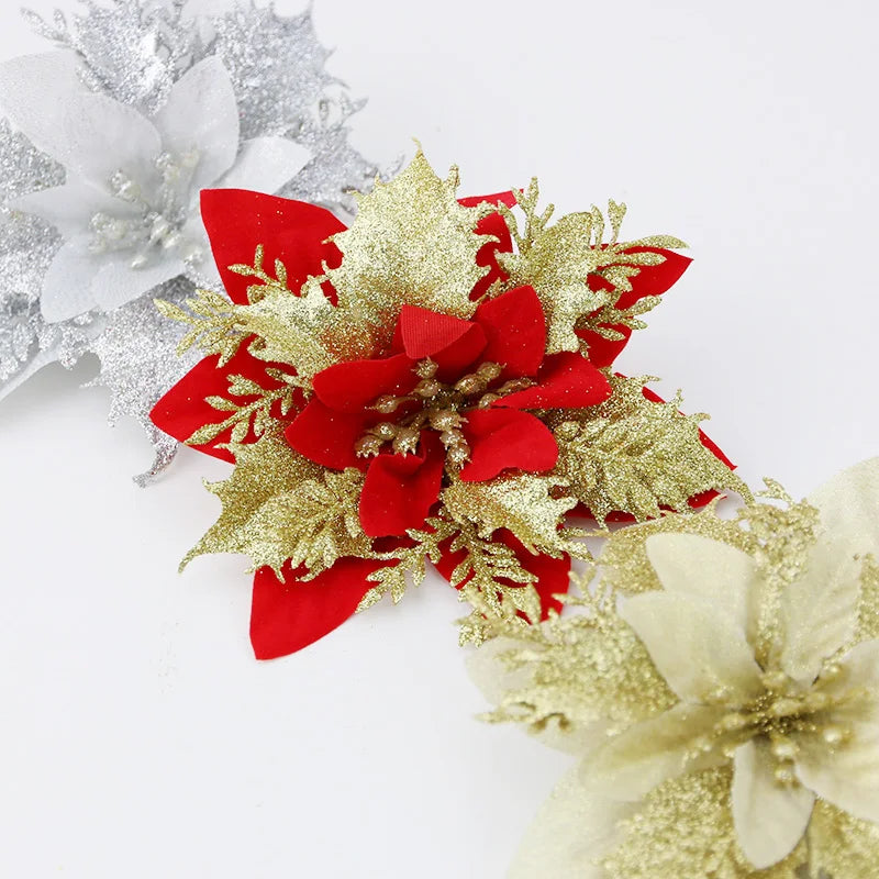 5-Pack Glitter Artificial Christmas Flowers | Xmas Tree Ornaments