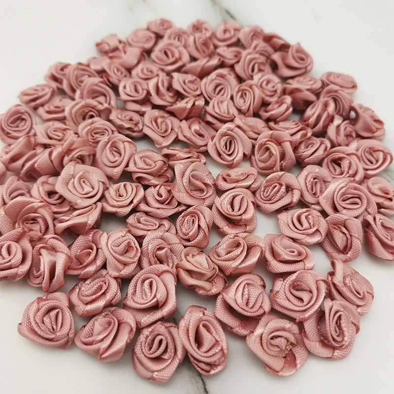 100-Pack Pink Satin Ribbon Rose Flowers 10mm | Craft Décor