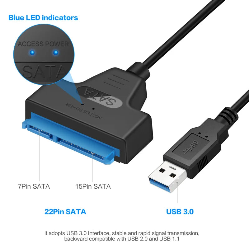 USB 3.0 to SATA III Cable 22-Pin Adapter for 2.5" SSD HDD