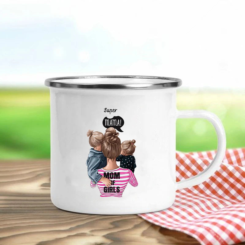 Super Mom Enamel Mug – Cartoon Print Coffee & Tea Cup Gift