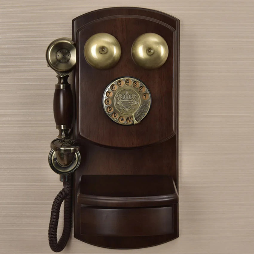 Wall Mounted Vintage Telephone – Rotary & Button Dial, Solid Wood