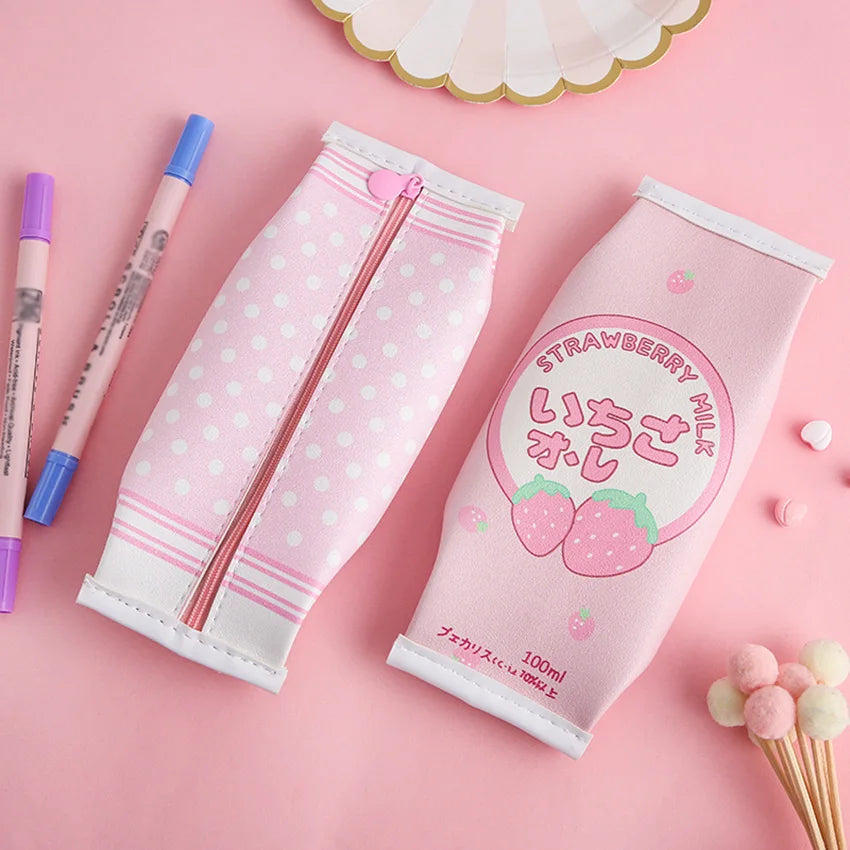 Strawberry Milk Shape Pencil Case – Cute PU Stationery Bag