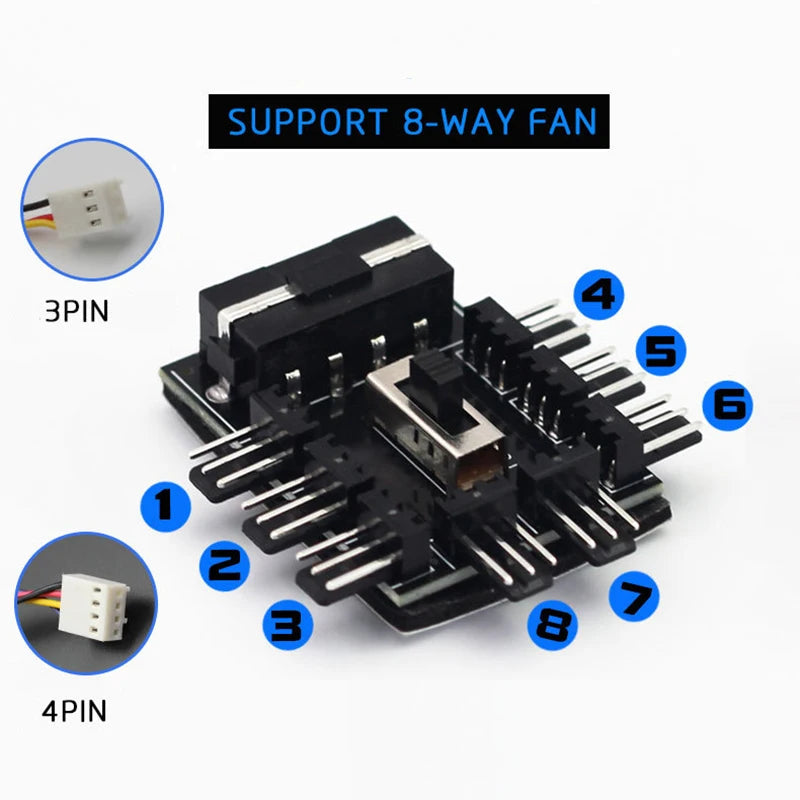 1-to-8 PWM Fan Hub SATA Molex Splitter 12V Speed Controller
