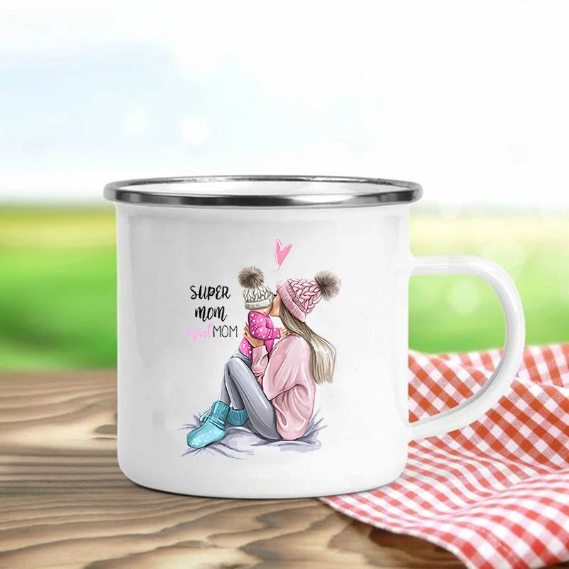 Super Mom Enamel Mug – Cartoon Print Coffee & Tea Cup Gift