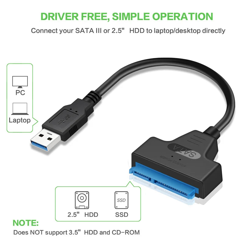 USB 3.0 to SATA III Cable 22-Pin Adapter for 2.5" SSD HDD