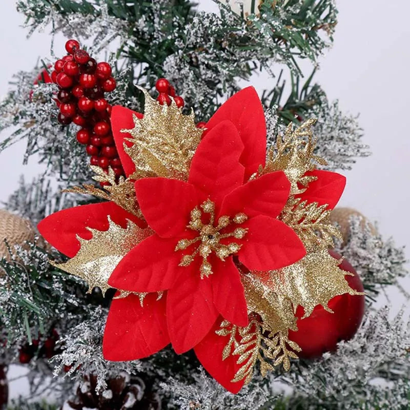 5-Pack Glitter Artificial Christmas Flowers | Xmas Tree Ornaments